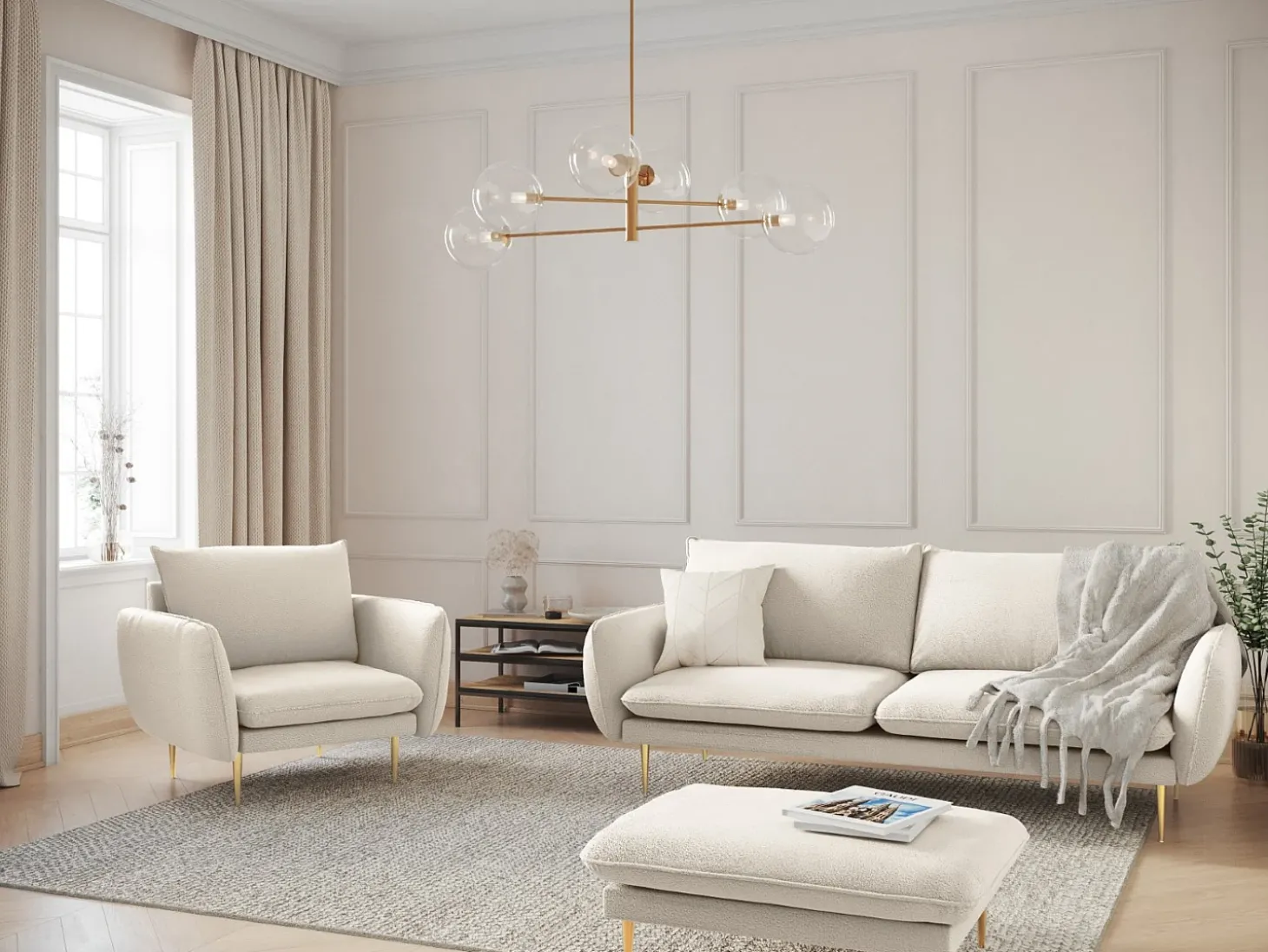 Cosmopolitan Design - Sofá "Vienna" 2 lugares em tecido bouclé bege - 160x92x95cm