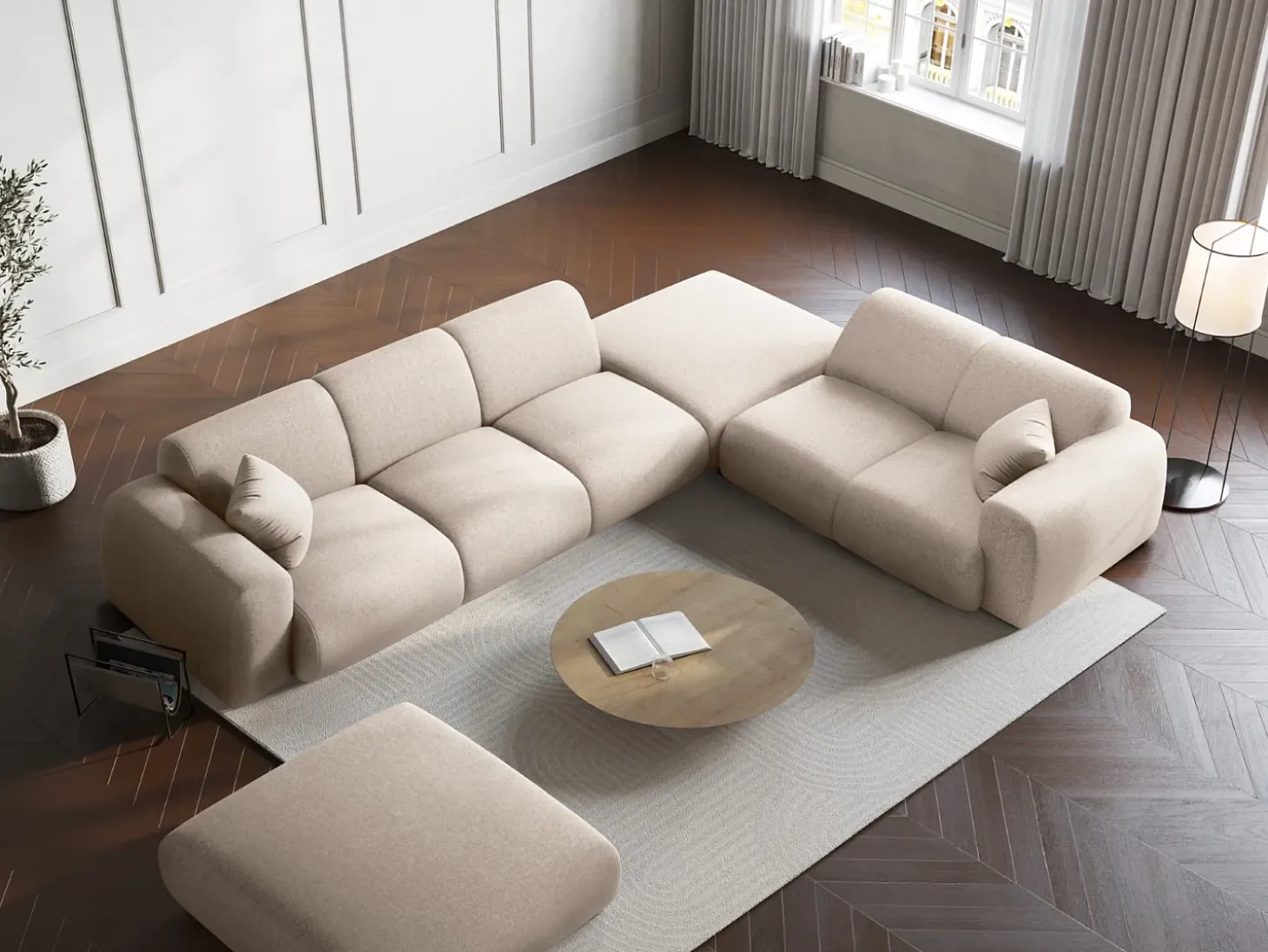 Cosmopolitan Design - Sofá de canto direito "Nolio" 4 lugares em tecido chenille bege claro - 315x250x72cm
