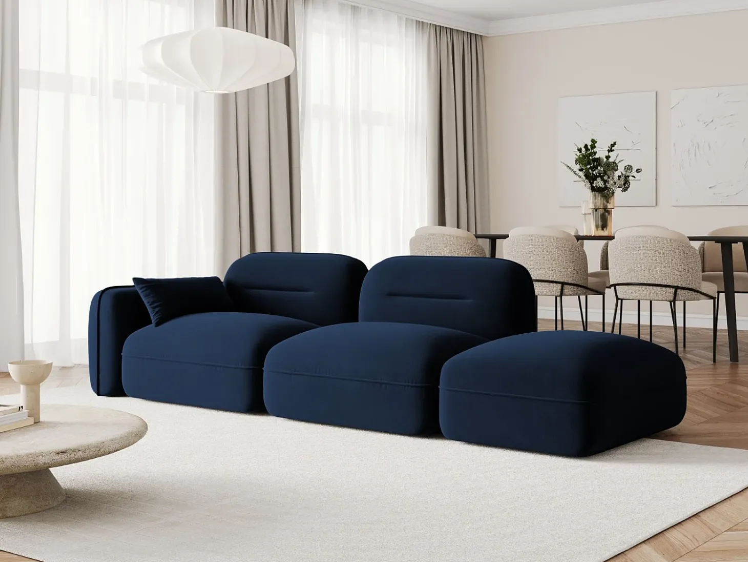 Cosmopolitan Design - Sofá modular direito "Sydney" 3 lugares em veludo azul real - 295x90x70cm