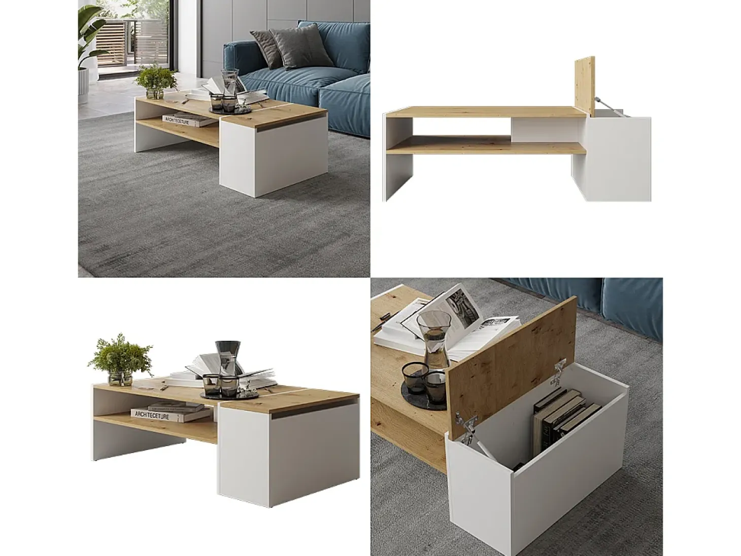 Couchtisch carvalho artesanal/branco 110x60x36 rubby