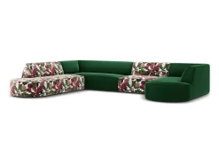 CXL by Christian Lacroix - Sofá de canto panorâmico à esquerda "Charles" 7 lugares em veludo padrão de rosas de jardim, verde - 366x273x69cm