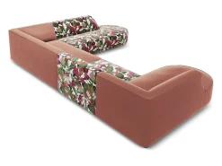 CXL by Christian Lacroix - Sofá de canto direito panorâmico "Charles" 7 lugares em veludo padrão de rosas de jardim, rosa - 366x273x69cm