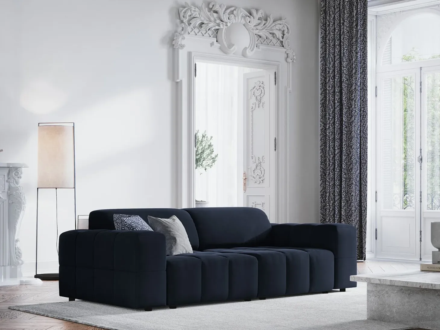 CXL by Christian Lacroix - Sofá "Luc" 3 lugares em veludo azul escuro - 204x102x70cm