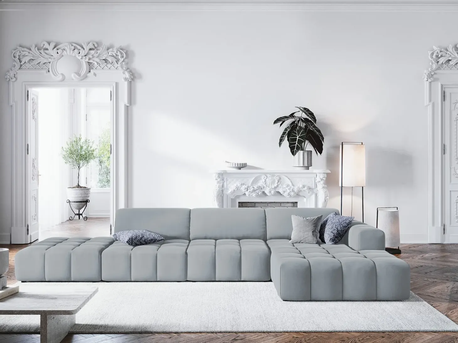 CXL by Christian Lacroix - Sofá de canto direito "Luc" 5 lugares em veludo azul claro - 341x166x70cm