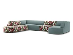 CXL by Christian Lacroix - Sofá de canto panorâmico à esquerda "Charles" 7 lugares em veludo padrão rosa jardim, menta - 366x273x69cm