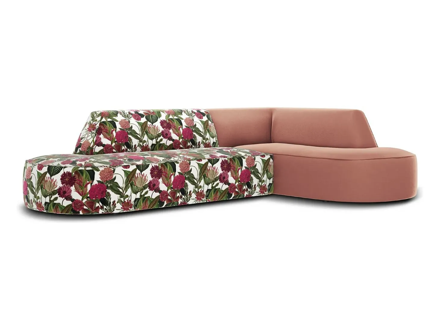 CXL by Christian Lacroix - Sofá de canto direito "Charles" 4 lugares em veludo padrão de rosas de jardim, rosa - 273x180x69cm