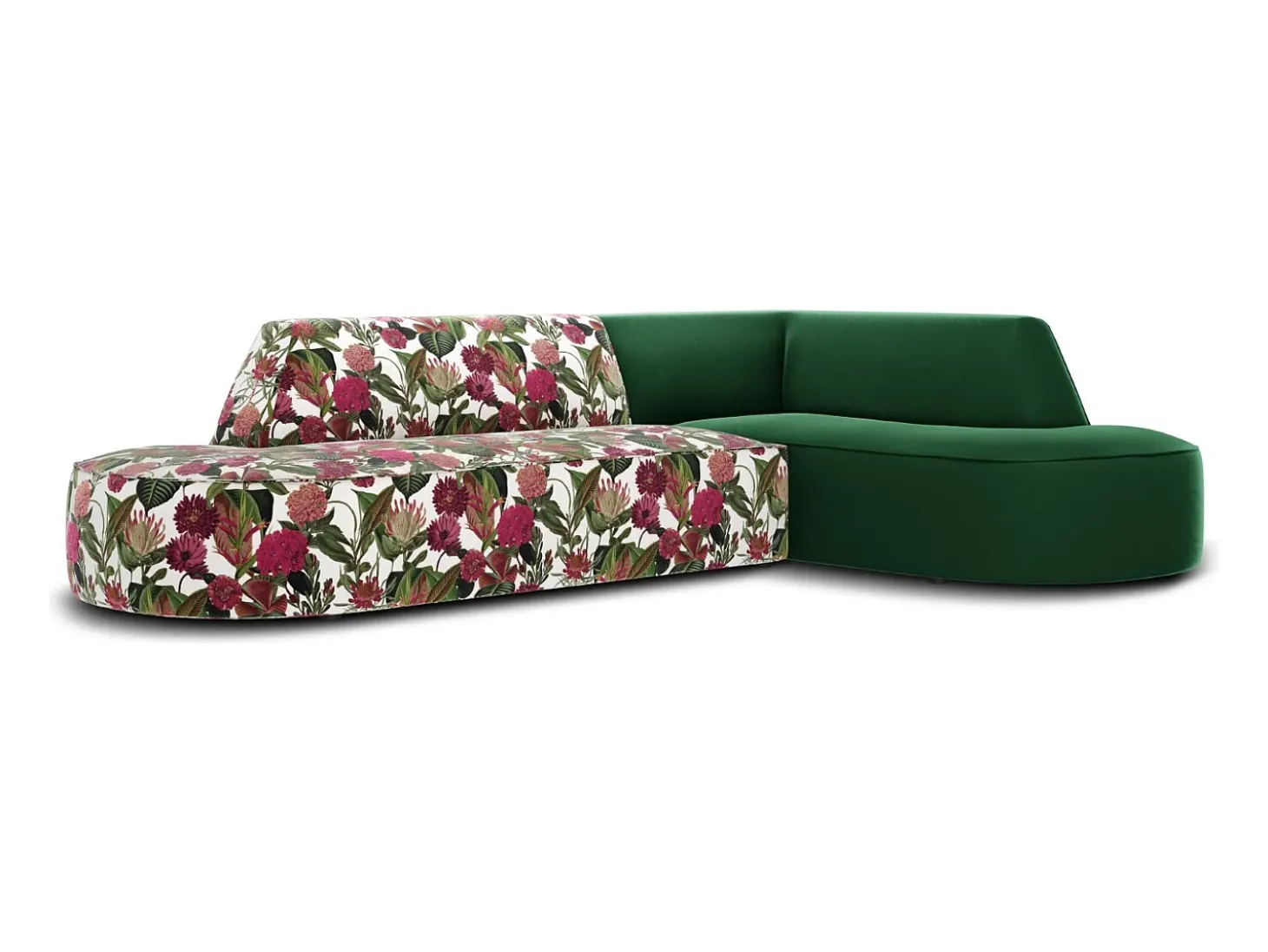 CXL by Christian Lacroix - Sofá de canto direito "Charles" 4 lugares em veludo padrão de rosas de jardim, verde - 273x180x69cm