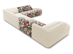CXL by Christian Lacroix - Sofá de canto direito panorâmico "Charles" 7 lugares em veludo padrão de rosas de jardim, bege - 366x273x69cm