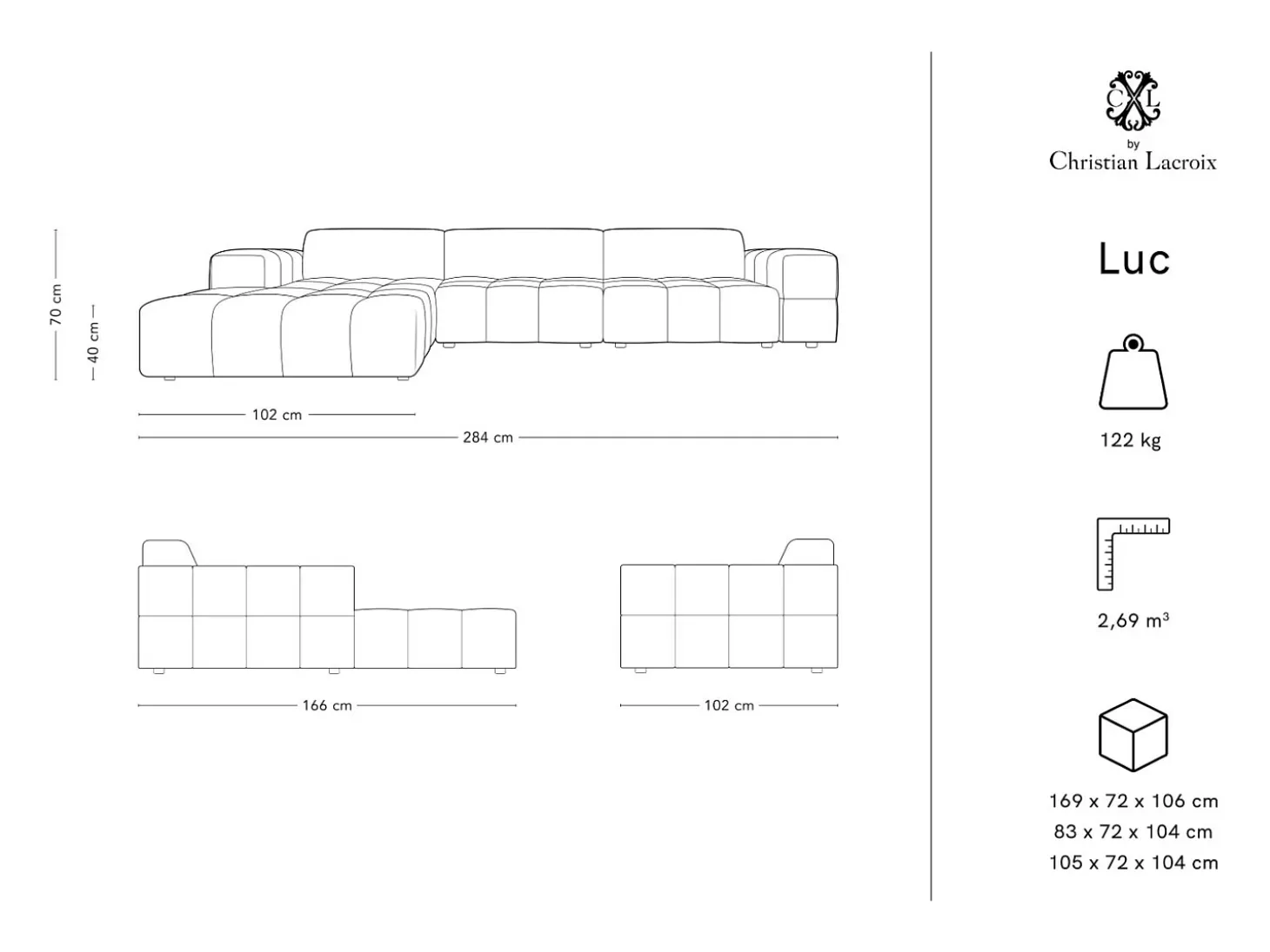 CXL by Christian Lacroix - Sofá de canto esquerdo "Luc" 4 lugares em veludo azul escuro - 284x166x70cm