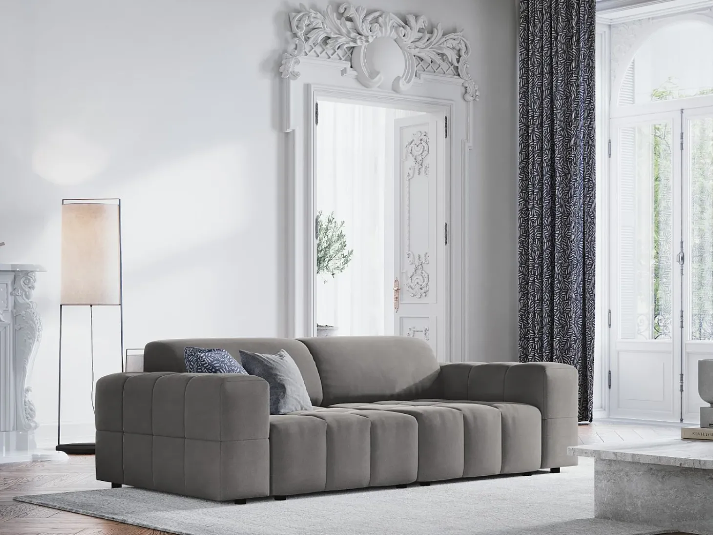 CXL by Christian Lacroix - Sofá "Luc" 3 lugares em veludo cinza claro - 204x102x70cm