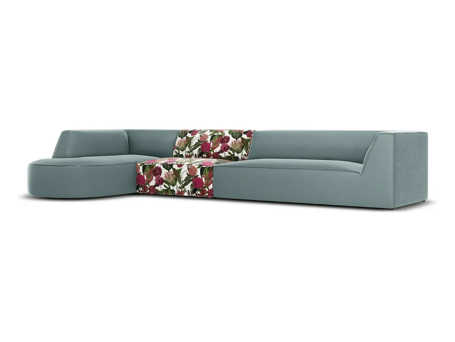 CXL by Christian Lacroix - Sofá de canto esquerdo "Charles" 5 lugares em veludo padrão rosa jardim, menta - 366x180x69cm