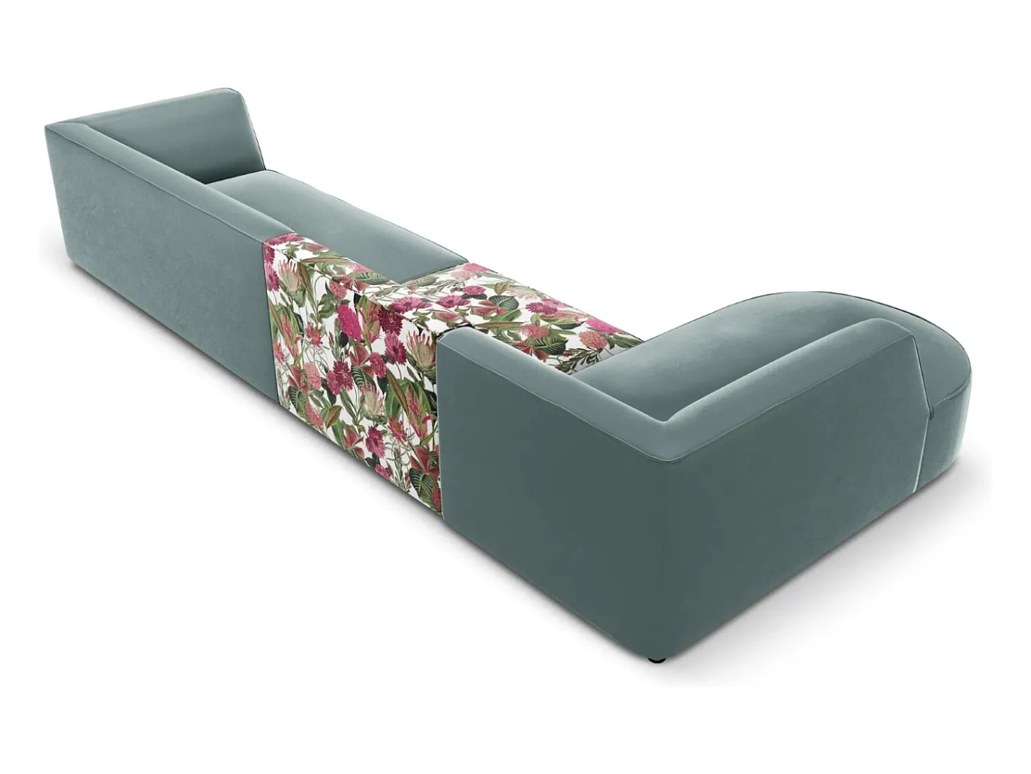 CXL by Christian Lacroix - Sofá de canto esquerdo "Charles" 5 lugares em veludo padrão rosa jardim, menta - 366x180x69cm