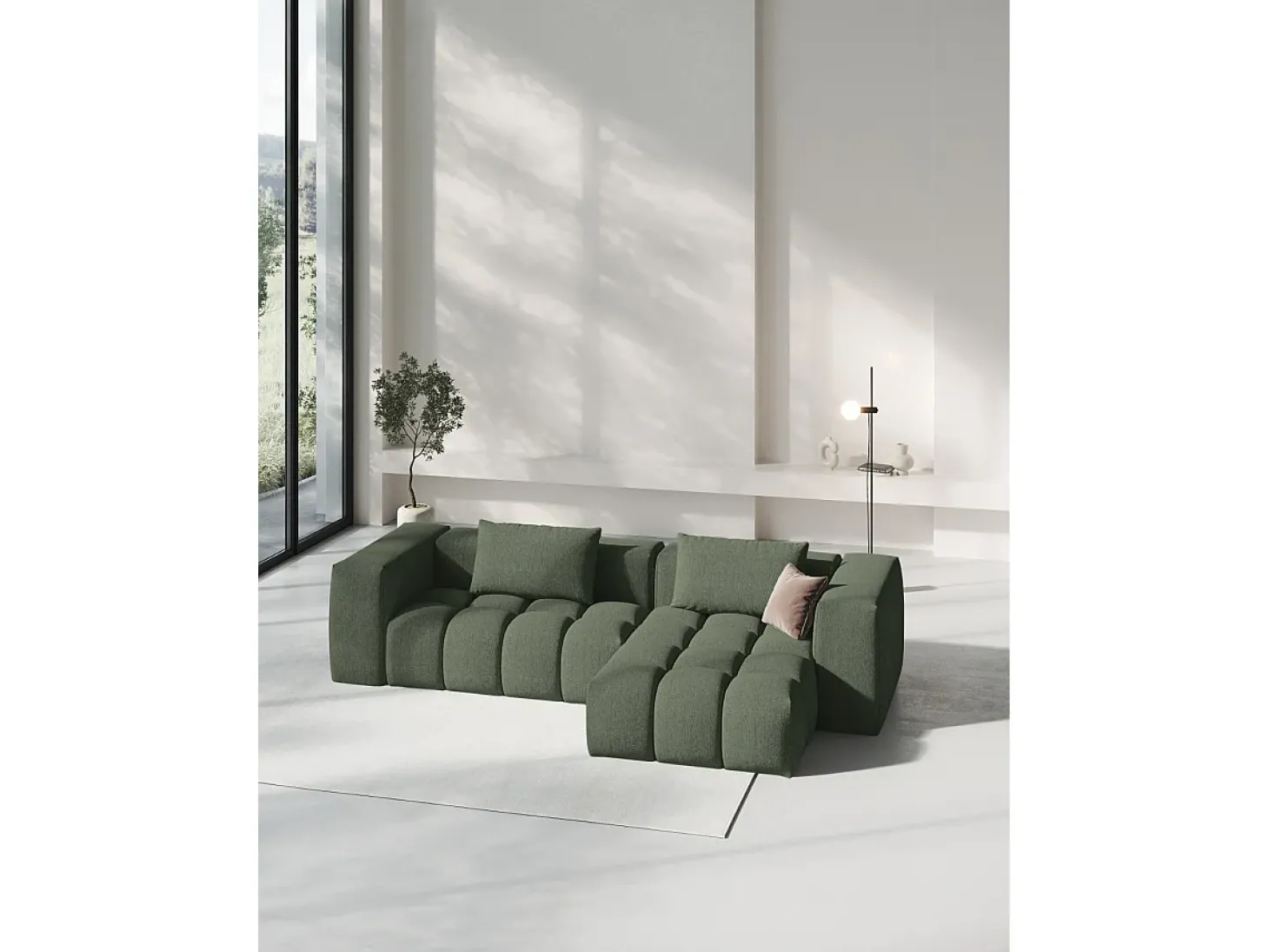 CXL by Christian Lacroix - Sofá modular de canto direito "Lorella" 3 lugares em tecido estrutural verde oliva escuro - 260x145x70cm