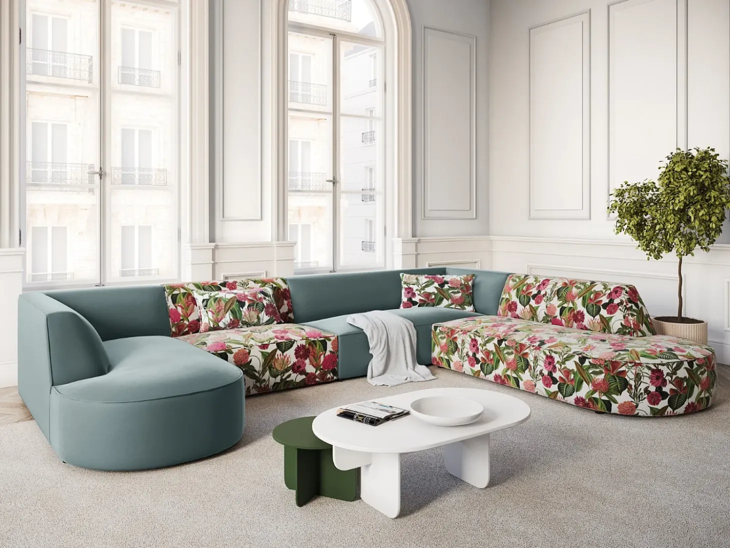CXL by Christian Lacroix - Sofá de canto direito panorâmico "Charles" 7 lugares em veludo padrão rosa jardim, menta - 366x273x69cm