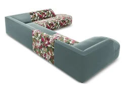 CXL by Christian Lacroix - Sofá de canto direito panorâmico "Charles" 7 lugares em veludo padrão rosa jardim, menta - 366x273x69cm