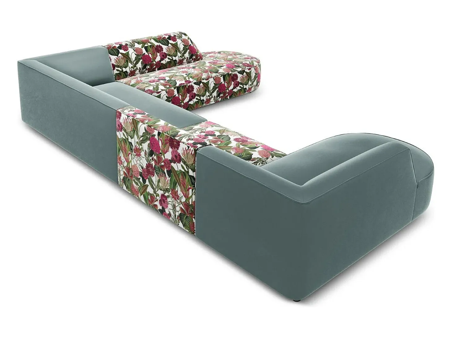 CXL by Christian Lacroix - Sofá de canto direito panorâmico "Charles" 7 lugares em veludo padrão rosa jardim, menta - 366x273x69cm