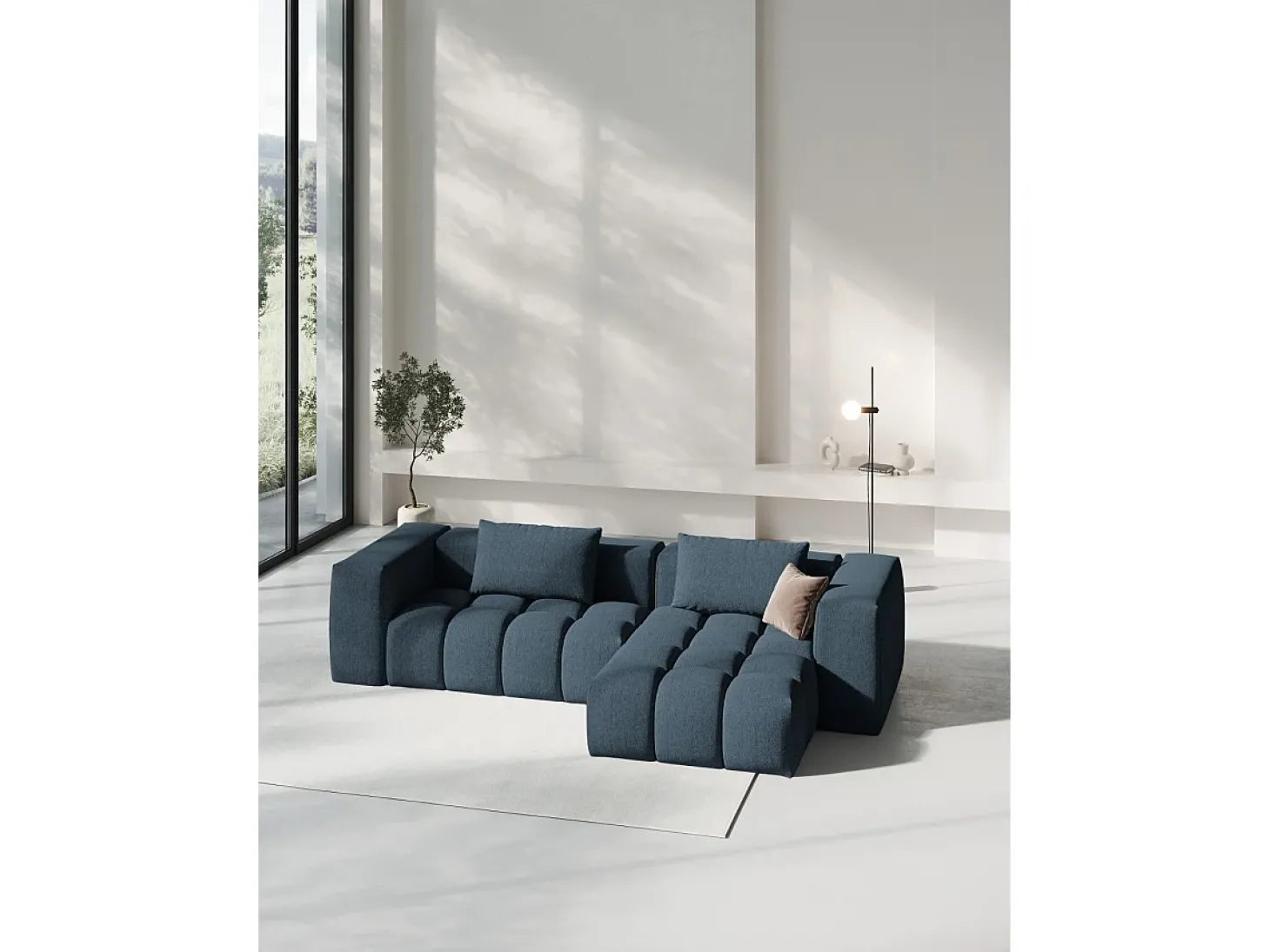 CXL by Christian Lacroix - Sofá modular de canto direito "Lorella" 3 lugares em tecido estrutural azul escuro - 260x145x70cm