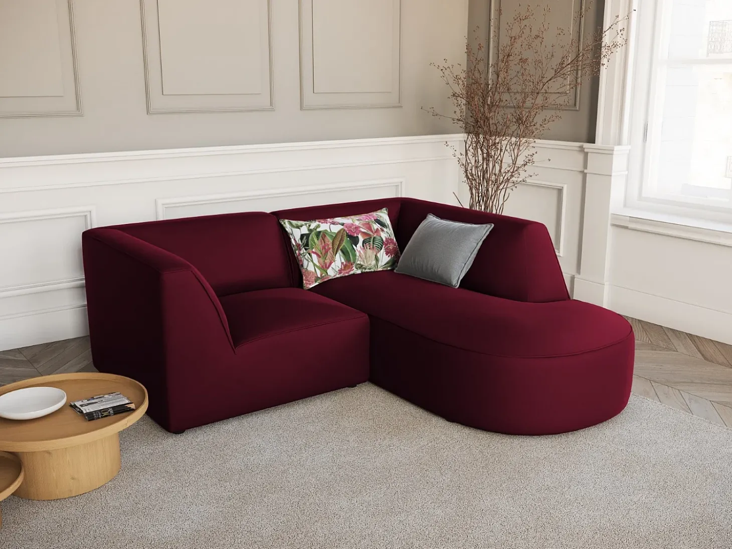 CXL by Christian Lacroix - Sofá de canto direito "Charles" 3 lugares em veludo vermelho - 186x180x69cm