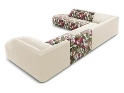 CXL by Christian Lacroix - Sofá de canto panorâmico à esquerda "Charles" 7 lugares em veludo padrão de rosas de jardim, bege - 366x273x69cm