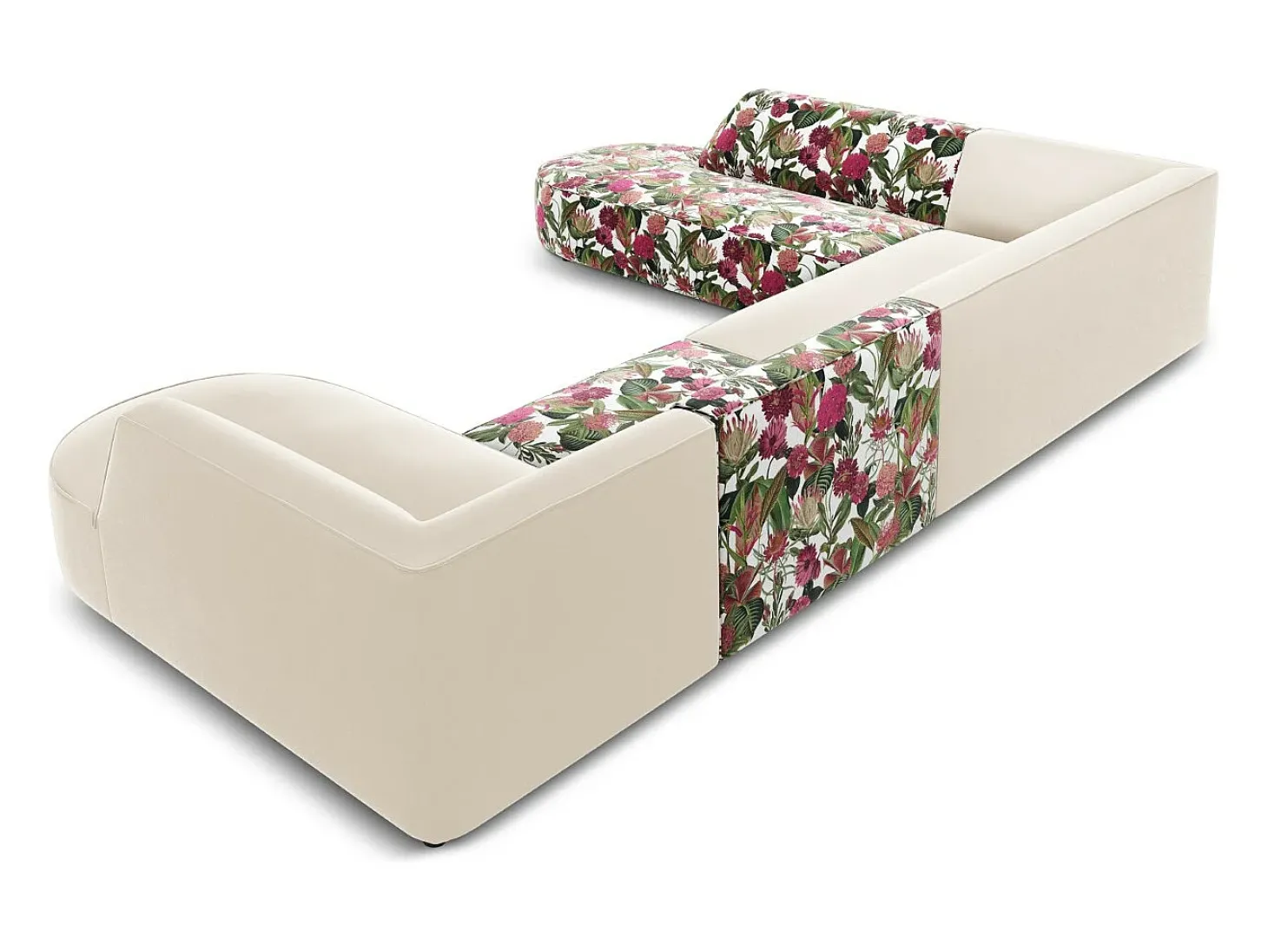 CXL by Christian Lacroix - Sofá de canto panorâmico à esquerda "Charles" 7 lugares em veludo padrão de rosas de jardim, bege - 366x273x69cm