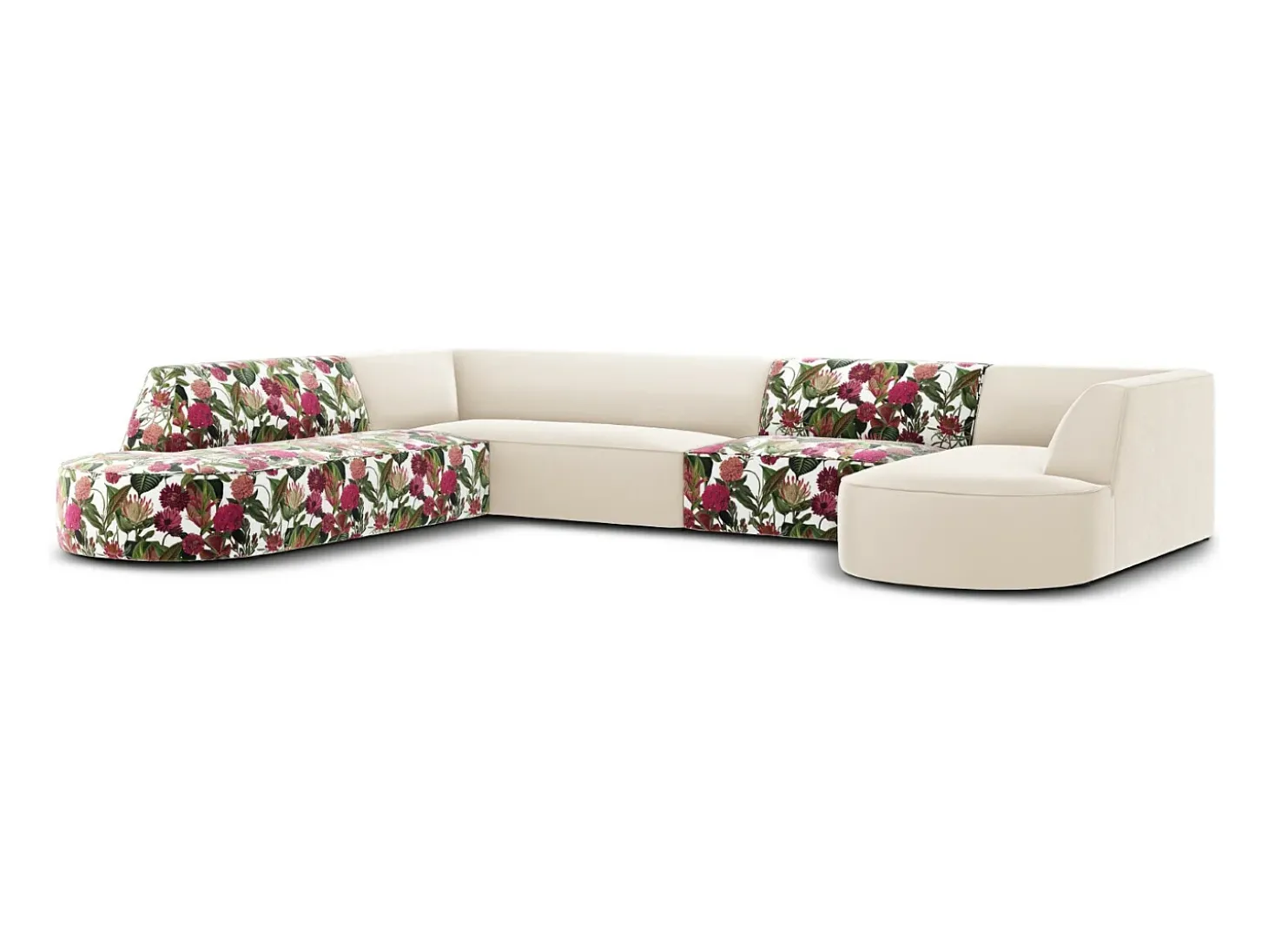 CXL by Christian Lacroix - Sofá de canto panorâmico à esquerda "Charles" 7 lugares em veludo padrão de rosas de jardim, bege - 366x273x69cm