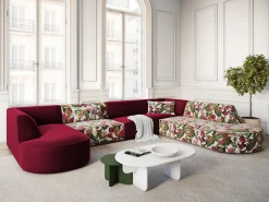 CXL by Christian Lacroix - Sofá de canto direito panorâmico "Charles" 7 lugares em veludo padrão de rosas de jardim, vermelho - 366x273x69cm