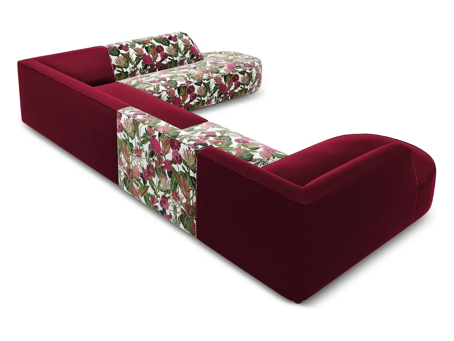 CXL by Christian Lacroix - Sofá de canto direito panorâmico "Charles" 7 lugares em veludo padrão de rosas de jardim, vermelho - 366x273x69cm