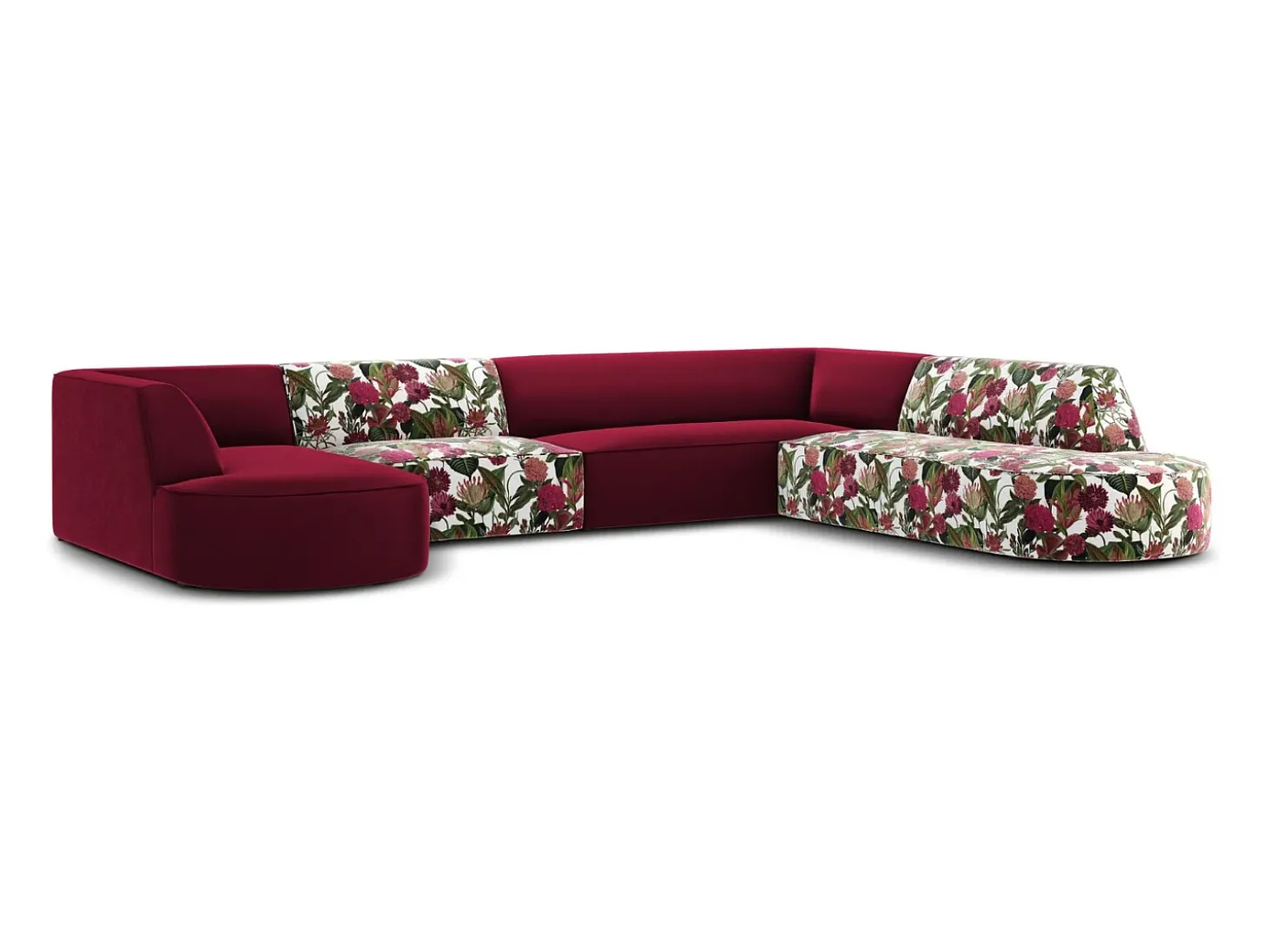 CXL by Christian Lacroix - Sofá de canto direito panorâmico "Charles" 7 lugares em veludo padrão de rosas de jardim, vermelho - 366x273x69cm