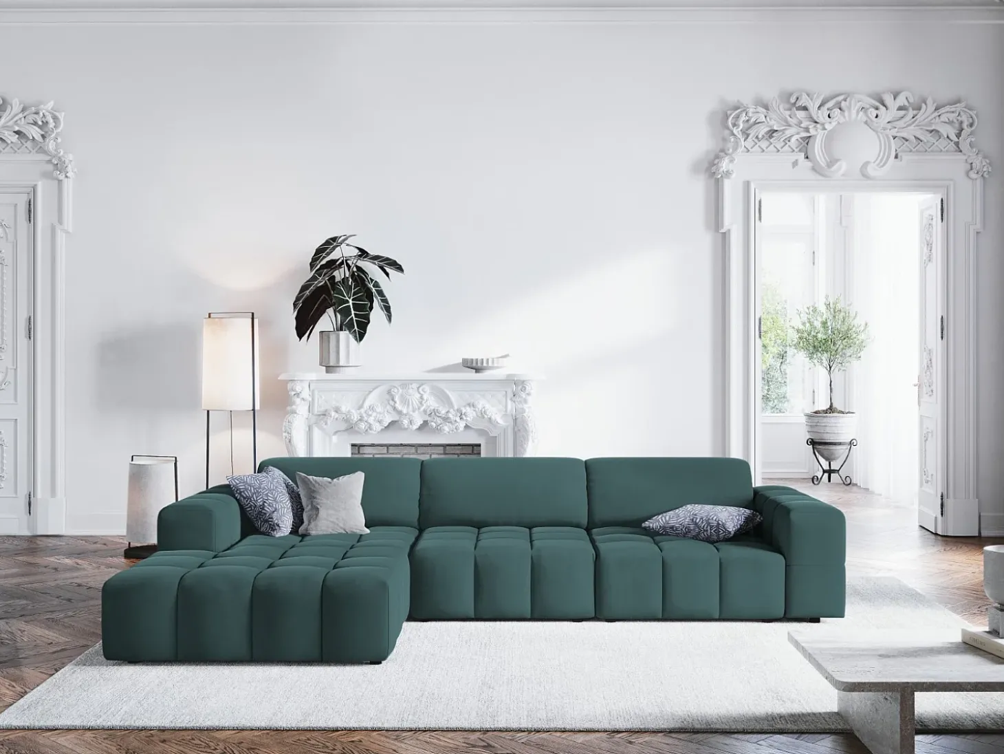 CXL by Christian Lacroix - Sofá de canto esquerdo "Luc" 4 lugares em veludo petróleo - 284x166x70cm