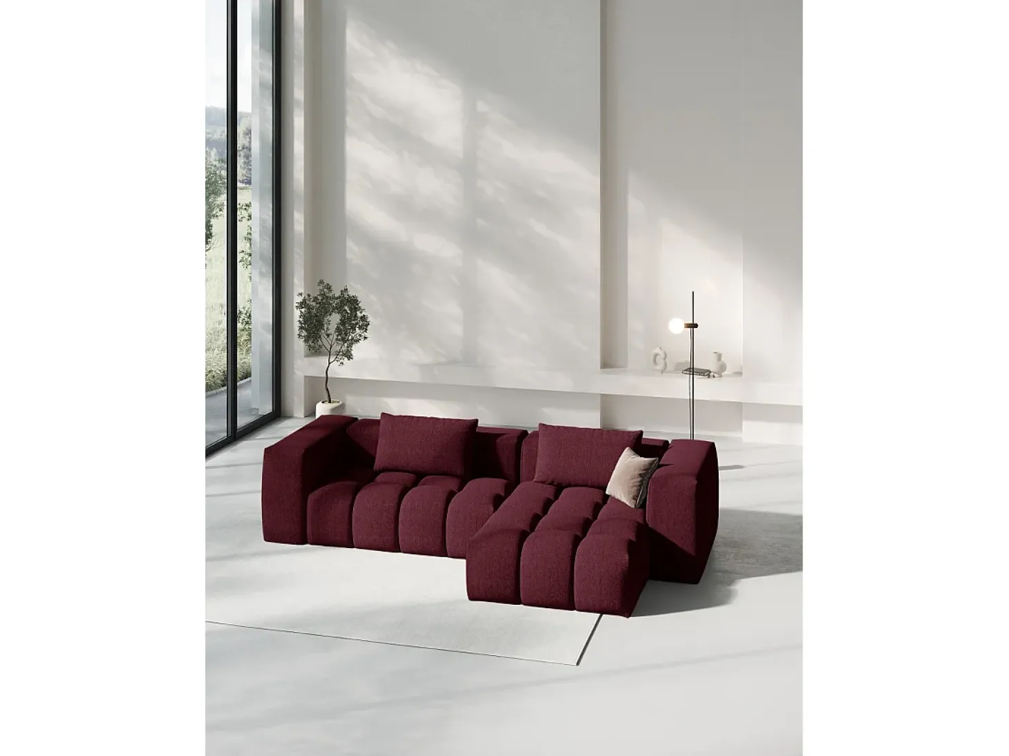 CXL by Christian Lacroix - Sofá modular de canto direito "Lorella" 3 lugares em tecido estrutural bordeaux - 260x145x70cm