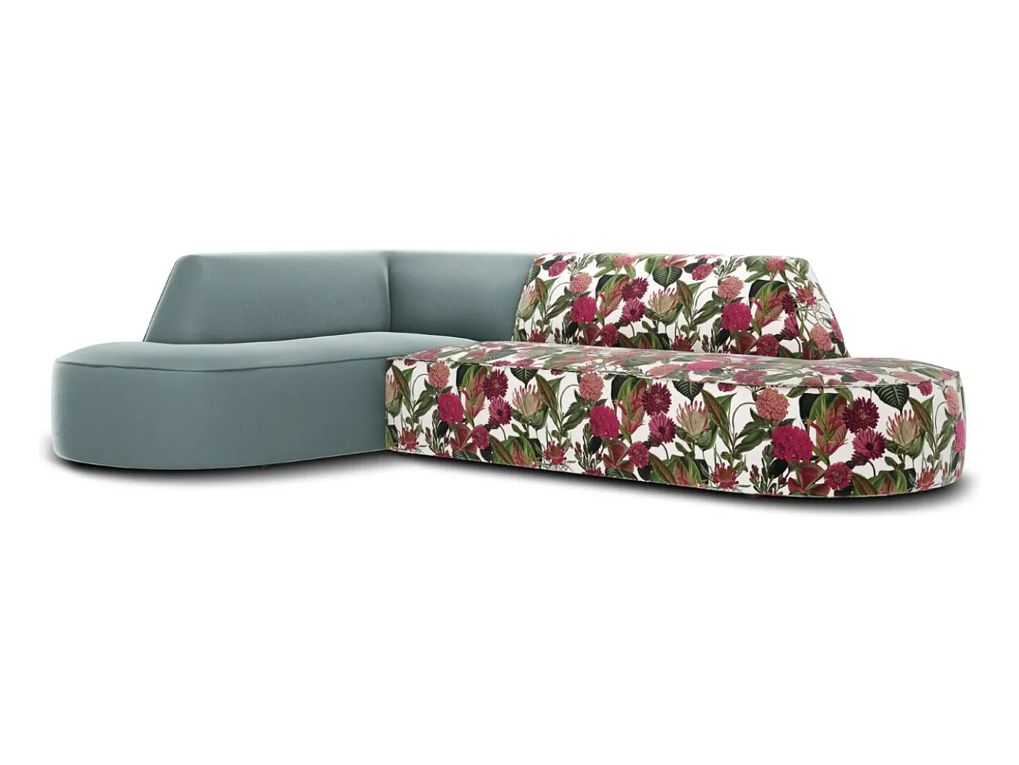 CXL by Christian Lacroix - Sofá de canto esquerdo "Charles" 4 lugares em veludo padrão rosa jardim, menta - 273x180x69cm