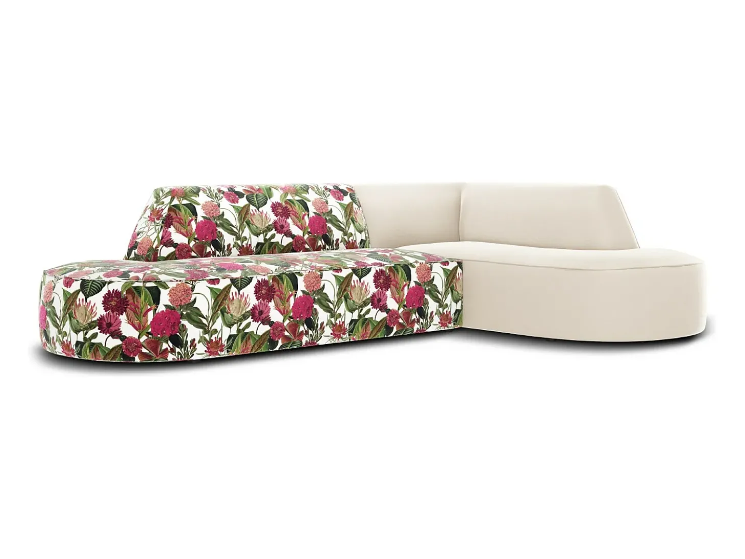 CXL by Christian Lacroix - Sofá de canto direito "Charles" 4 lugares em veludo padrão de rosas de jardim, bege - 273x180x69cm
