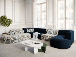 CXL by Christian Lacroix - Sofá de canto panorâmico à esquerda "Charles" 7 lugares em veludo padrão jardim: azul-claro, azul-escuro - 366x273x69cm