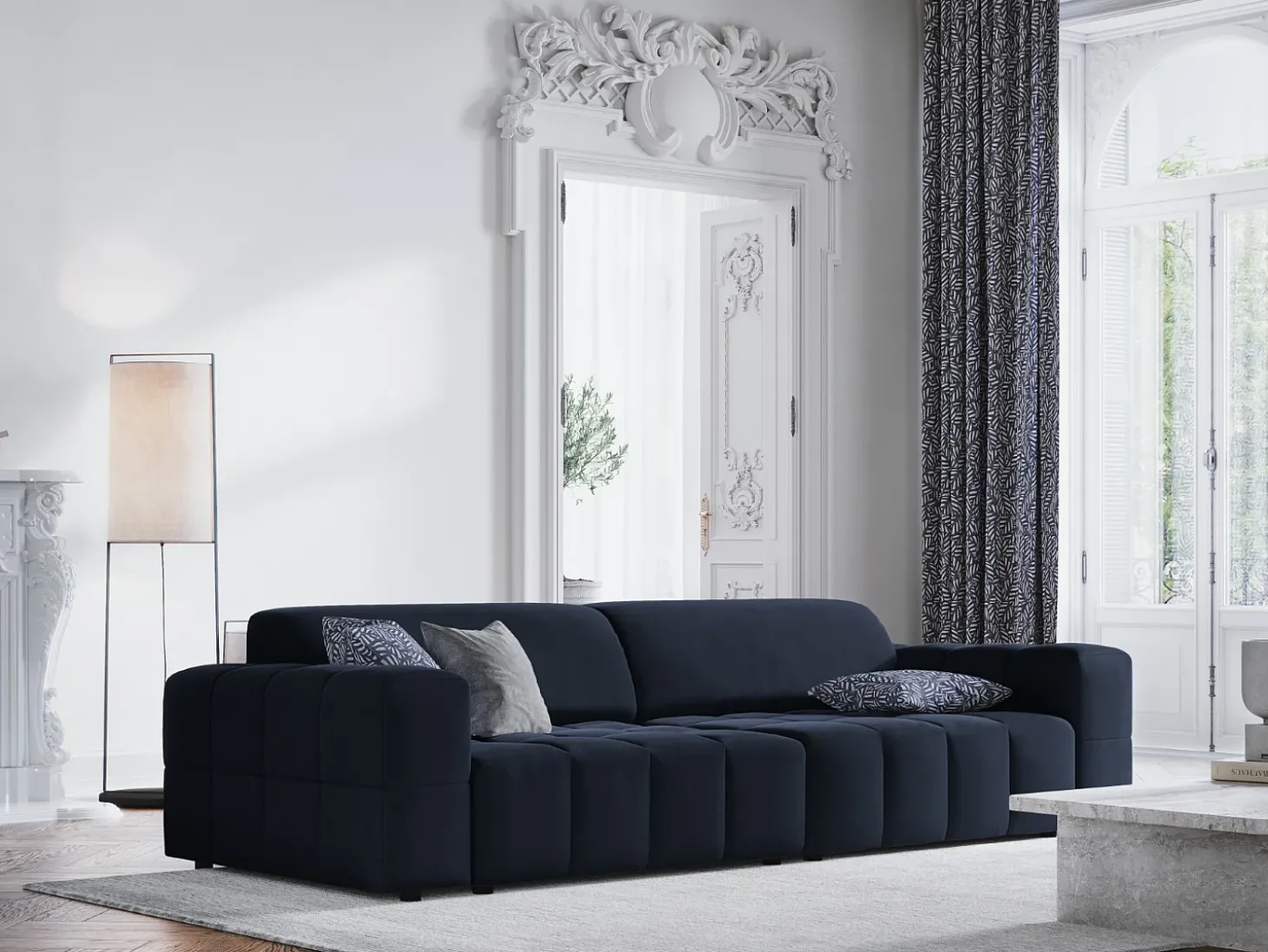 CXL by Christian Lacroix - Sofá "Luc" 4 lugares em veludo azul escuro - 244x102x70cm