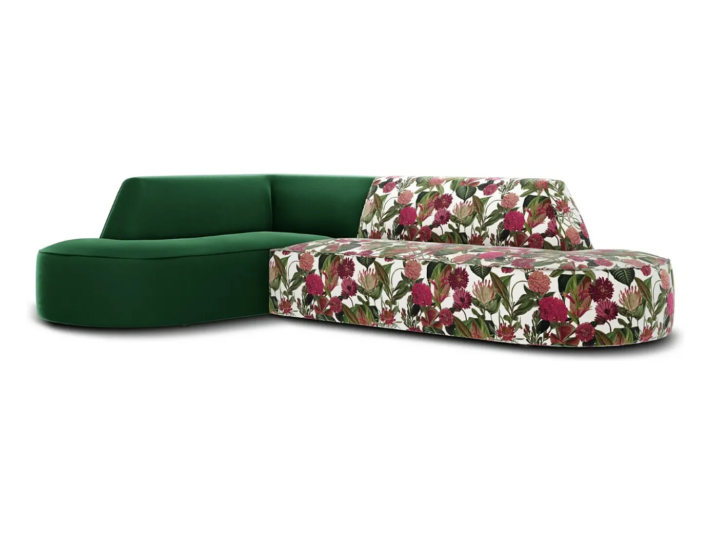 CXL by Christian Lacroix - Sofá de canto esquerdo "Charles" 4 lugares em veludo padrão de rosas de jardim, verde - 273x180x69cm