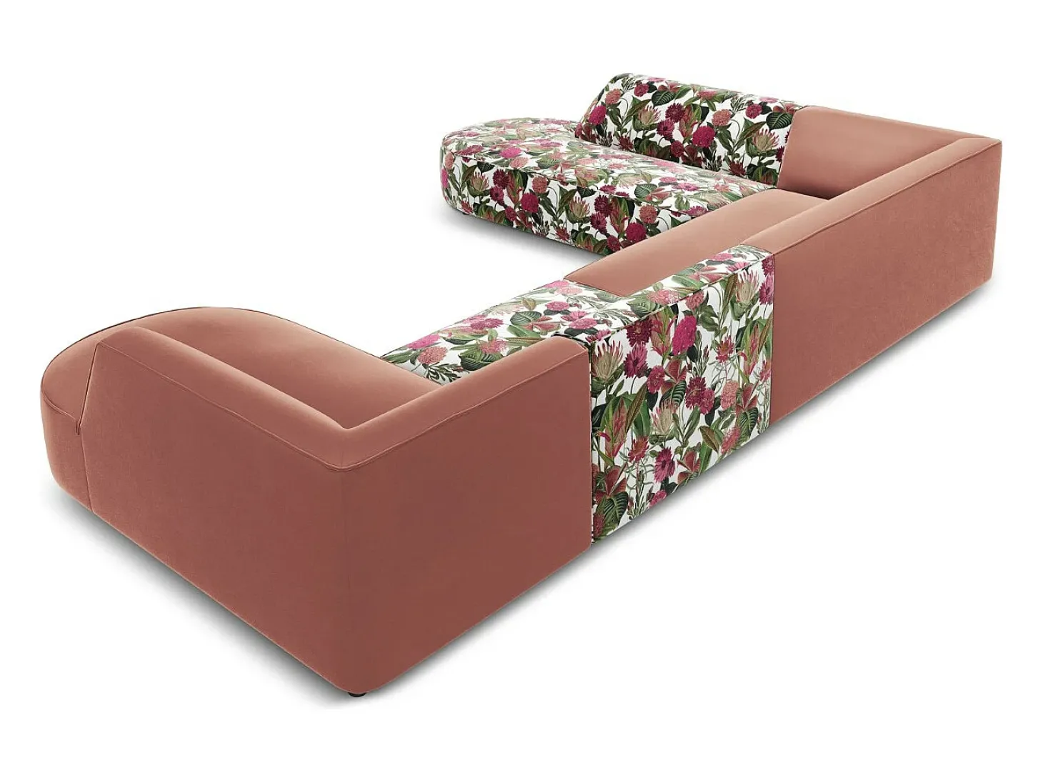 CXL by Christian Lacroix - Sofá de canto panorâmico à esquerda "Charles" 7 lugares em veludo padrão de rosas de jardim, rosa - 366x273x69cm