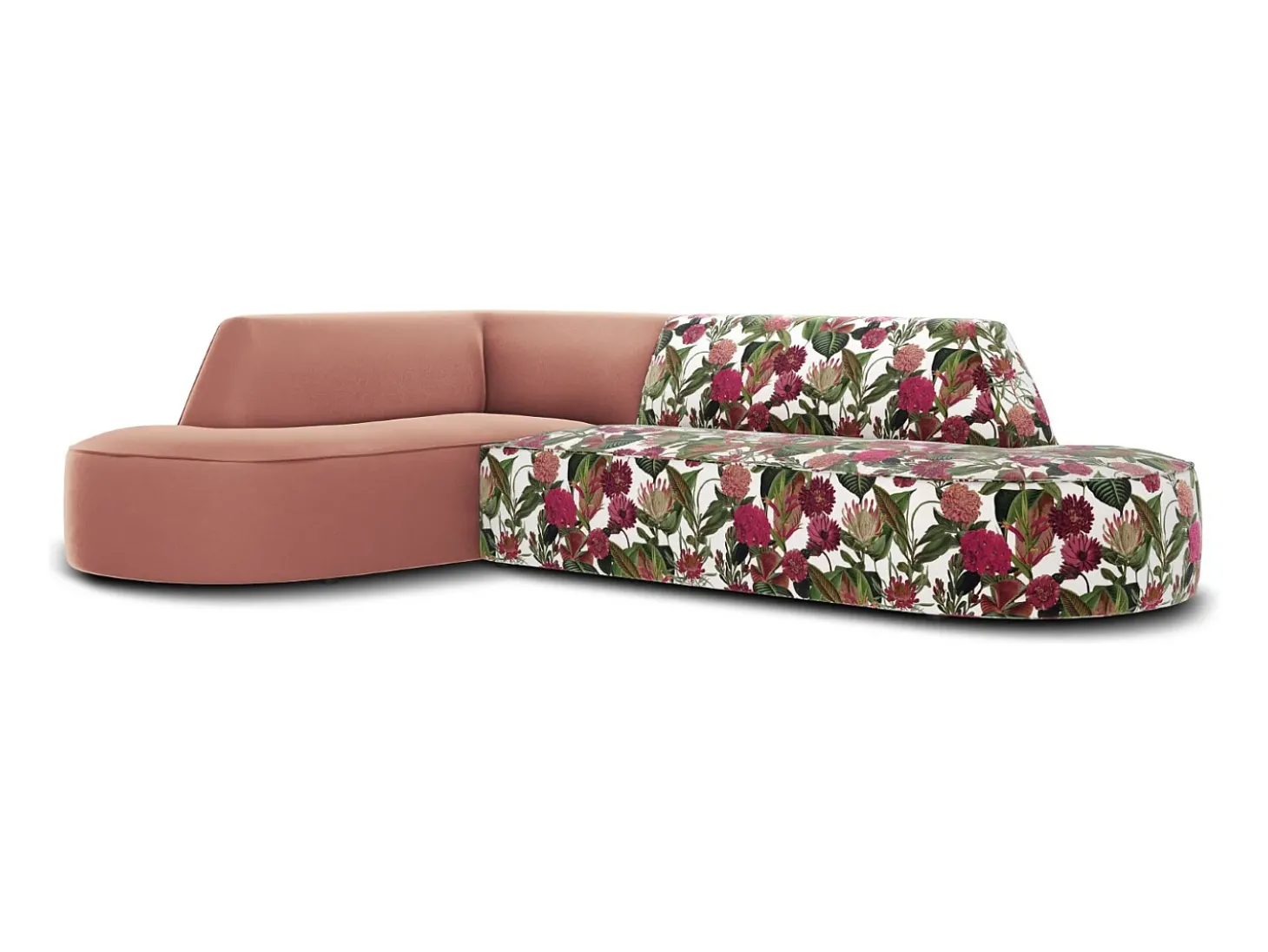 CXL by Christian Lacroix - Sofá de canto esquerdo "Charles" 4 lugares em veludo padrão de rosas de jardim, rosa - 273x180x69cm