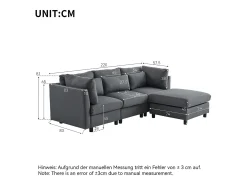 Design moderno, mobiliário estofado, sofá de 3 lugares, sofá de canto em forma de L com apoio para os pés, cinzento