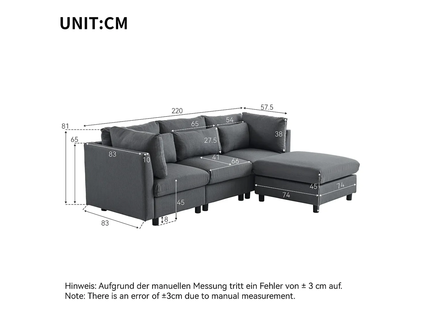 Design moderno, mobiliário estofado, sofá de 3 lugares, sofá de canto em forma de L com apoio para os pés, cinzento