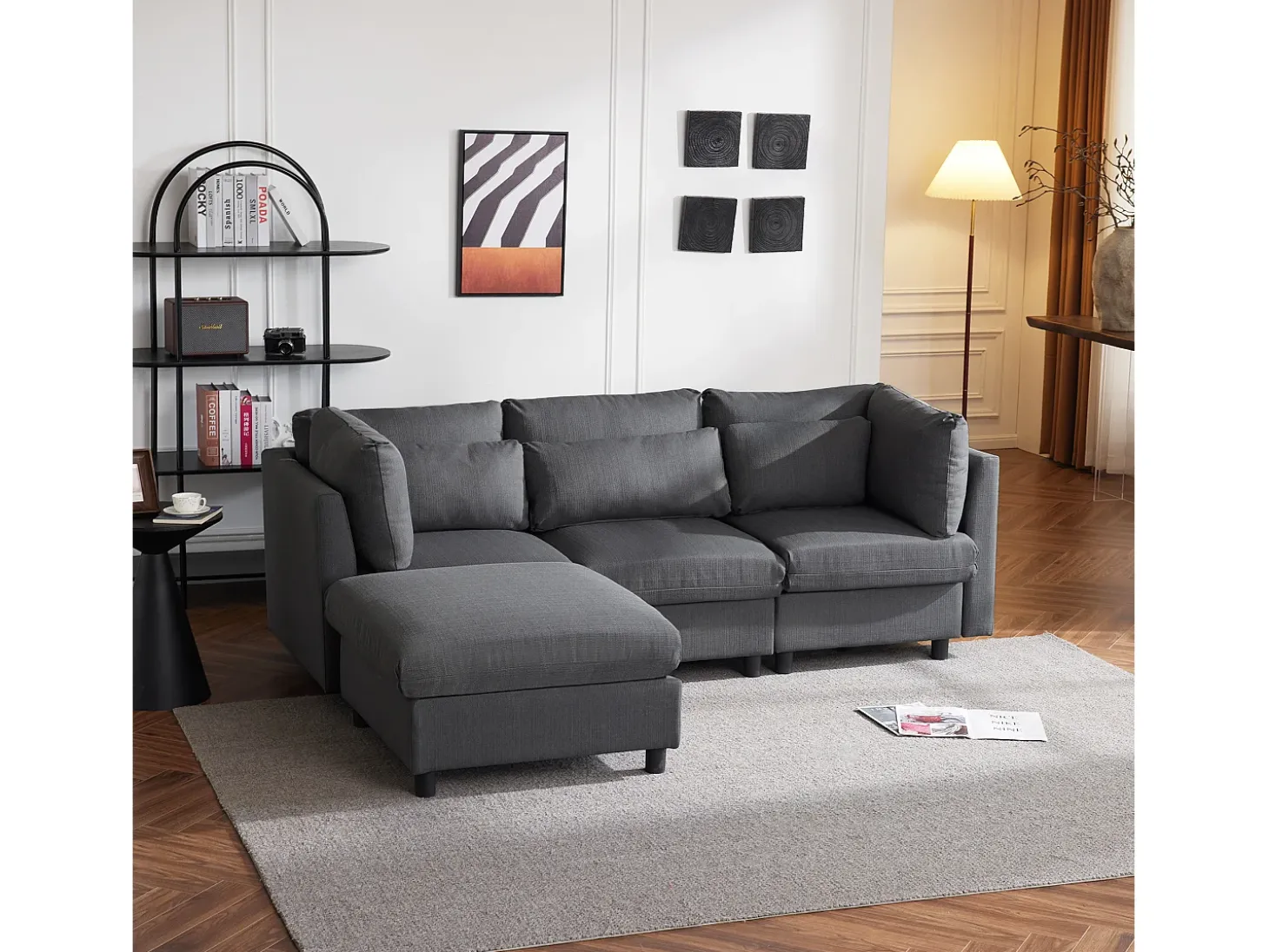 Design moderno, mobiliário estofado, sofá de 3 lugares, sofá de canto em forma de L com apoio para os pés, cinzento
