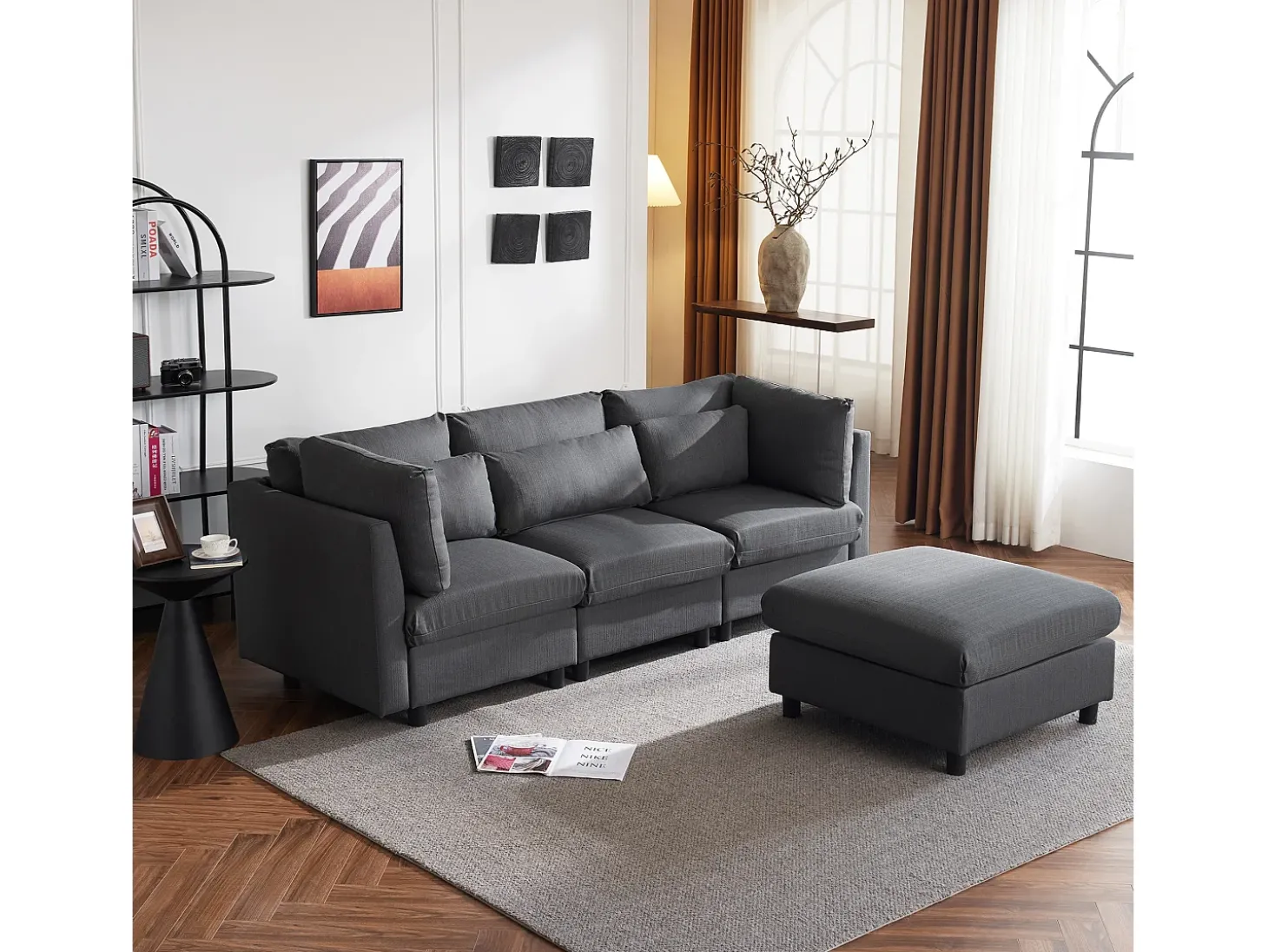 Design moderno, mobiliário estofado, sofá de 3 lugares, sofá de canto em forma de L com apoio para os pés, cinzento