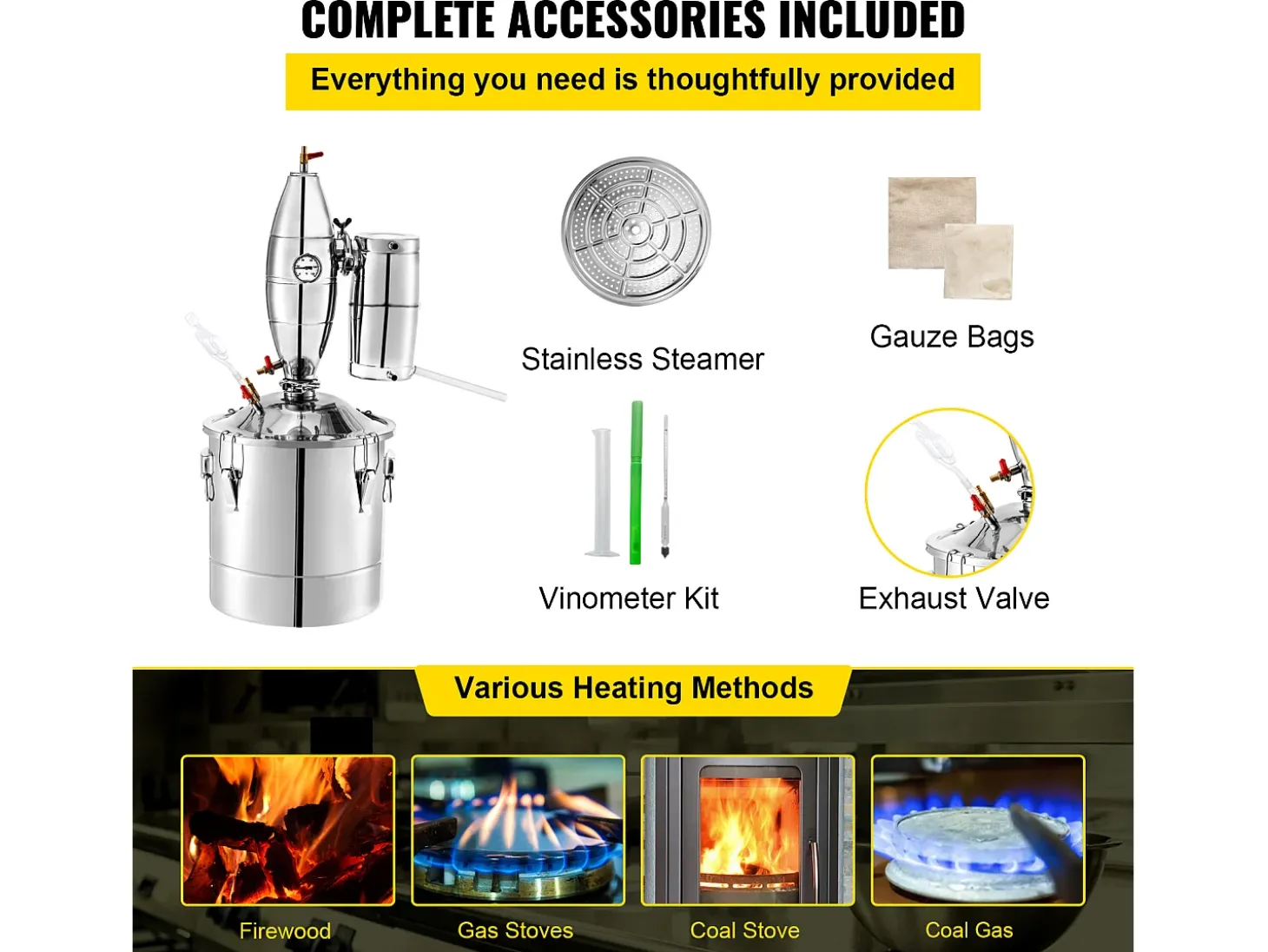 Destilador de Álcool SucceBuy 50L Destilador de Água e Álcool Moonshine Still, Prata