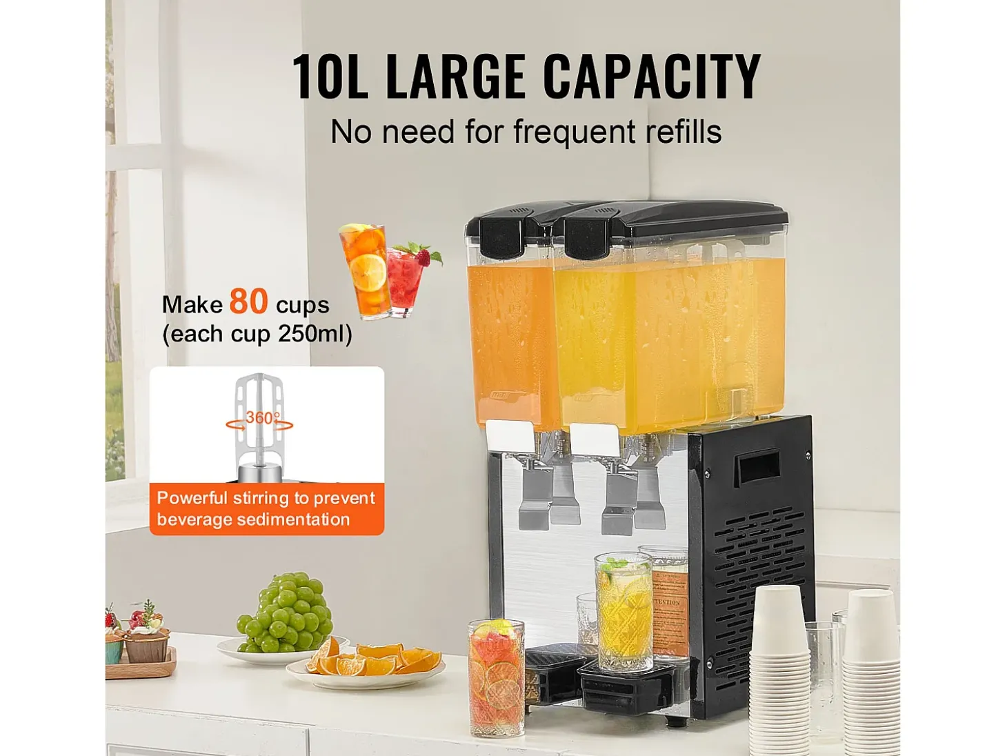 Distribuidor de Bebidas Comerciais SucceBuy 10 L x 2 Reservatórios, Distribuidor de Bebidas Geladas e Sucos Frios
