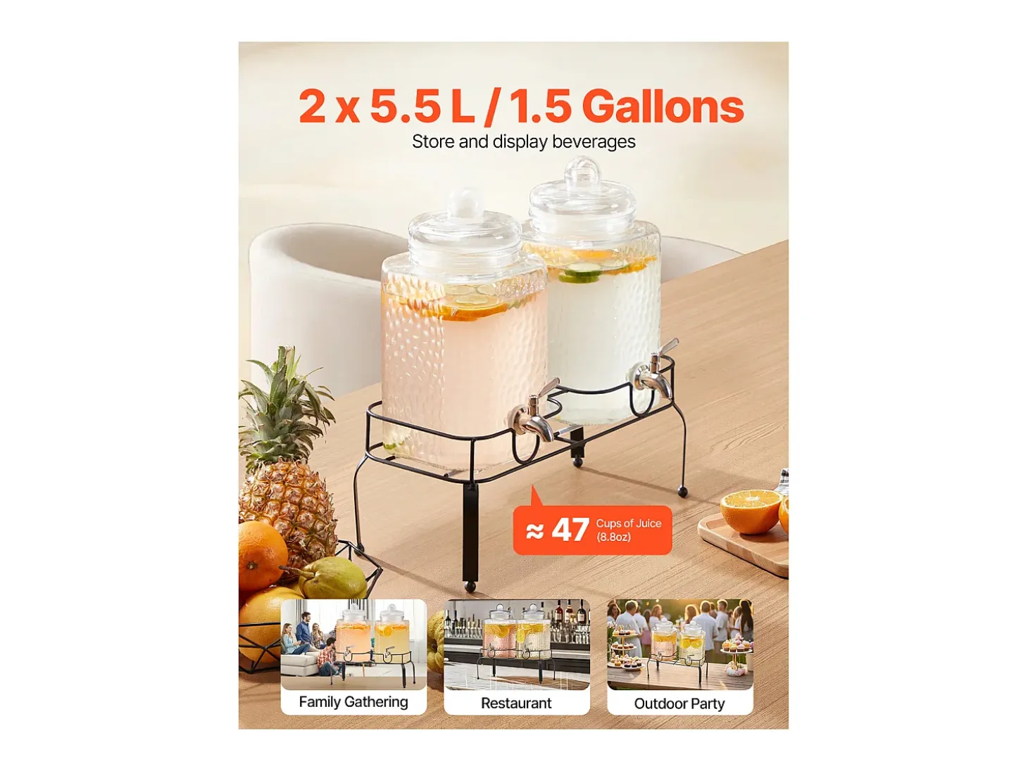 Distribuidor de Bebidas SucceBuy, Grande Capacidade de 5,5 L, 2 Unidades, Fonte de Água em Vidro, Distribuição de Água, Sumo, Limonada, Chá Gelado, para Café
