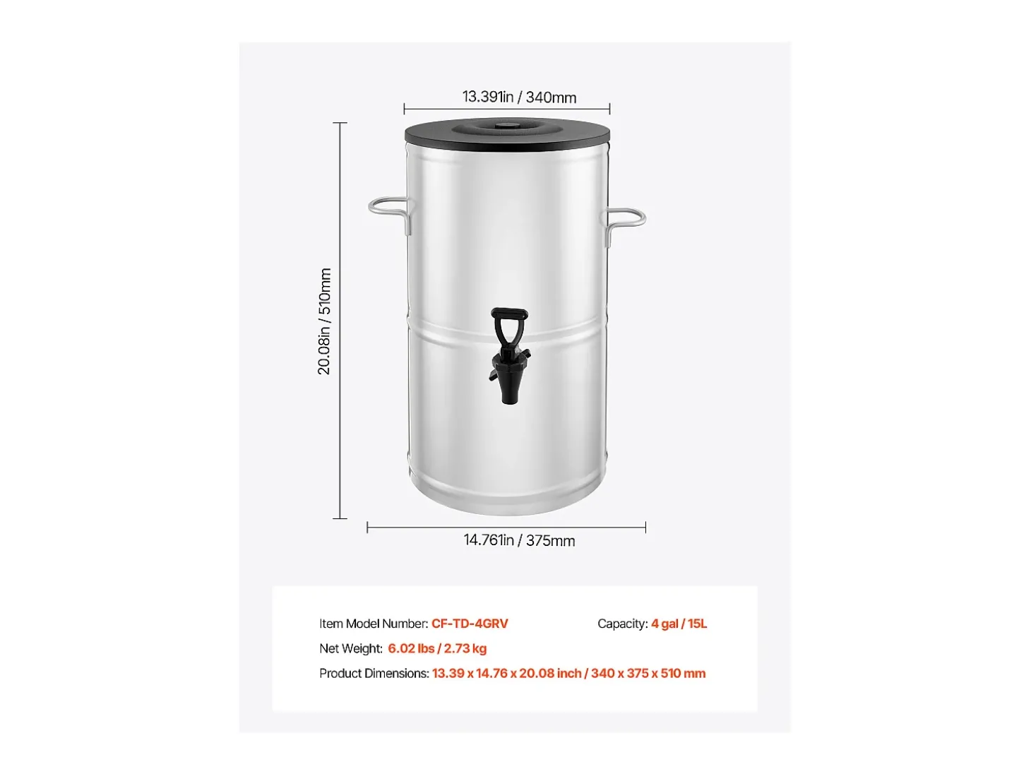 Distribuidor de Bebidas SucceBuy de 15 L, Fonte de Água Quente e Fria Não Elétrica com Torneira e Alça, Recipiente em Aço Inoxidável