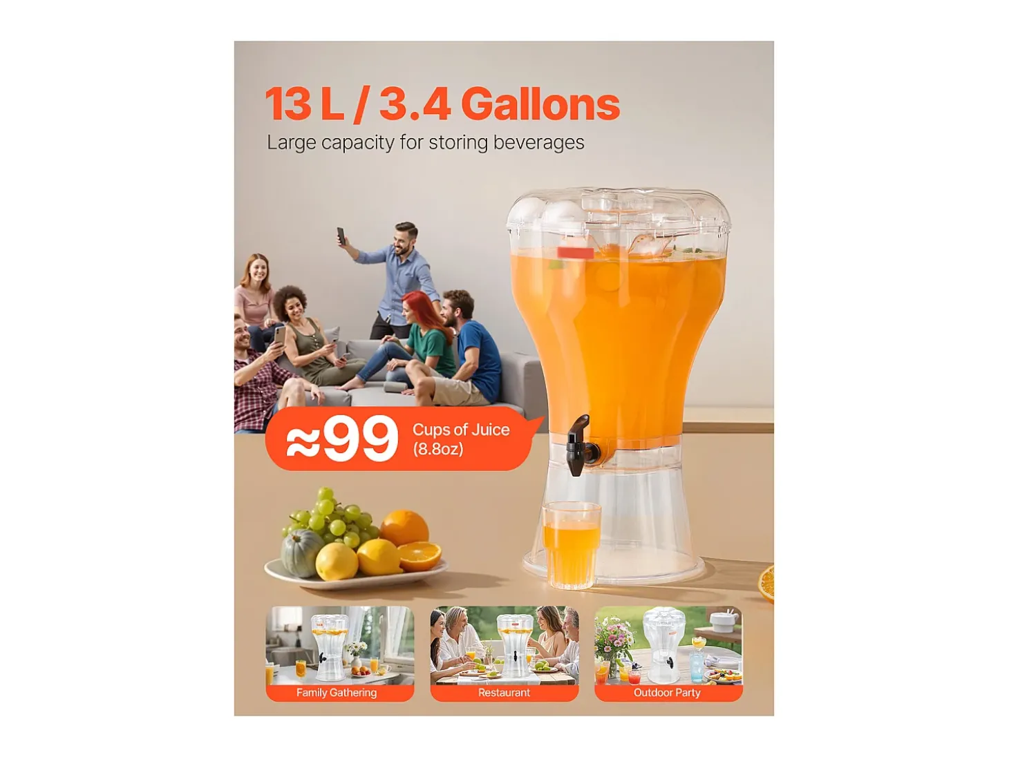 Distribuidor de Bebidas SucceBuy, Grande Capacidade de 13 L, Fonte de Água em Plástico, Distribuição de Água, Sumos, Limonada, Chá Gelado, para Café