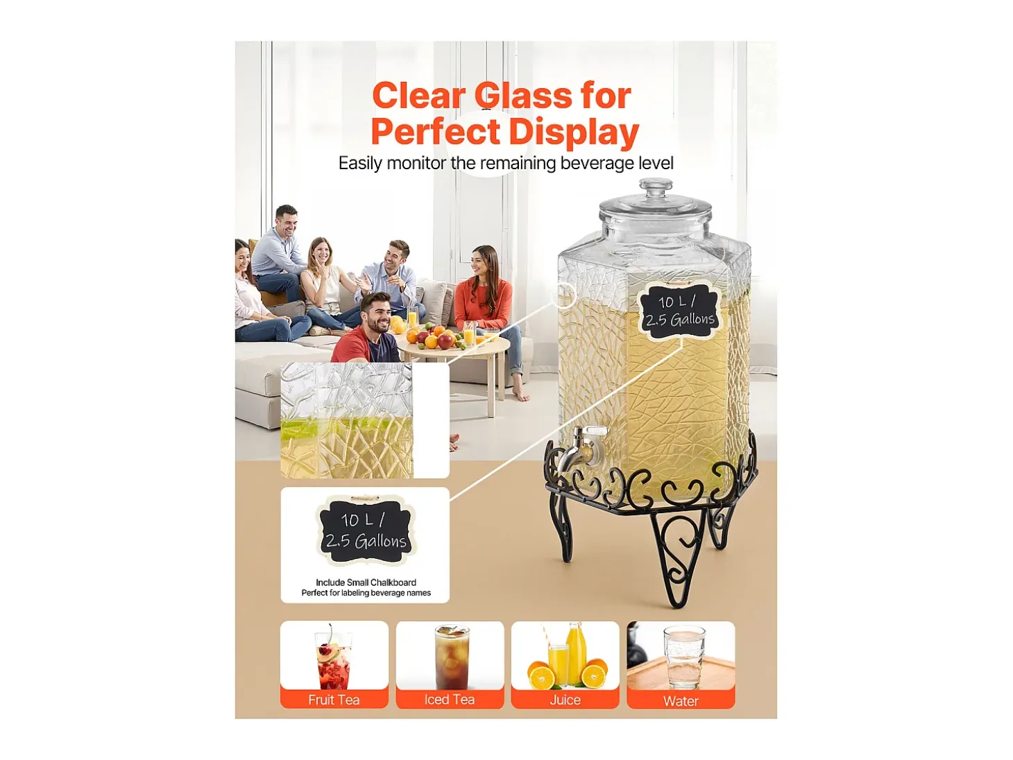 Distribuidor de Bebidas SucceBuy, Grande Capacidade de 10 L, Fonte de Água em Vidro, Distribuição de Água, Sumo, Limonada, Chá Gelado, para Café