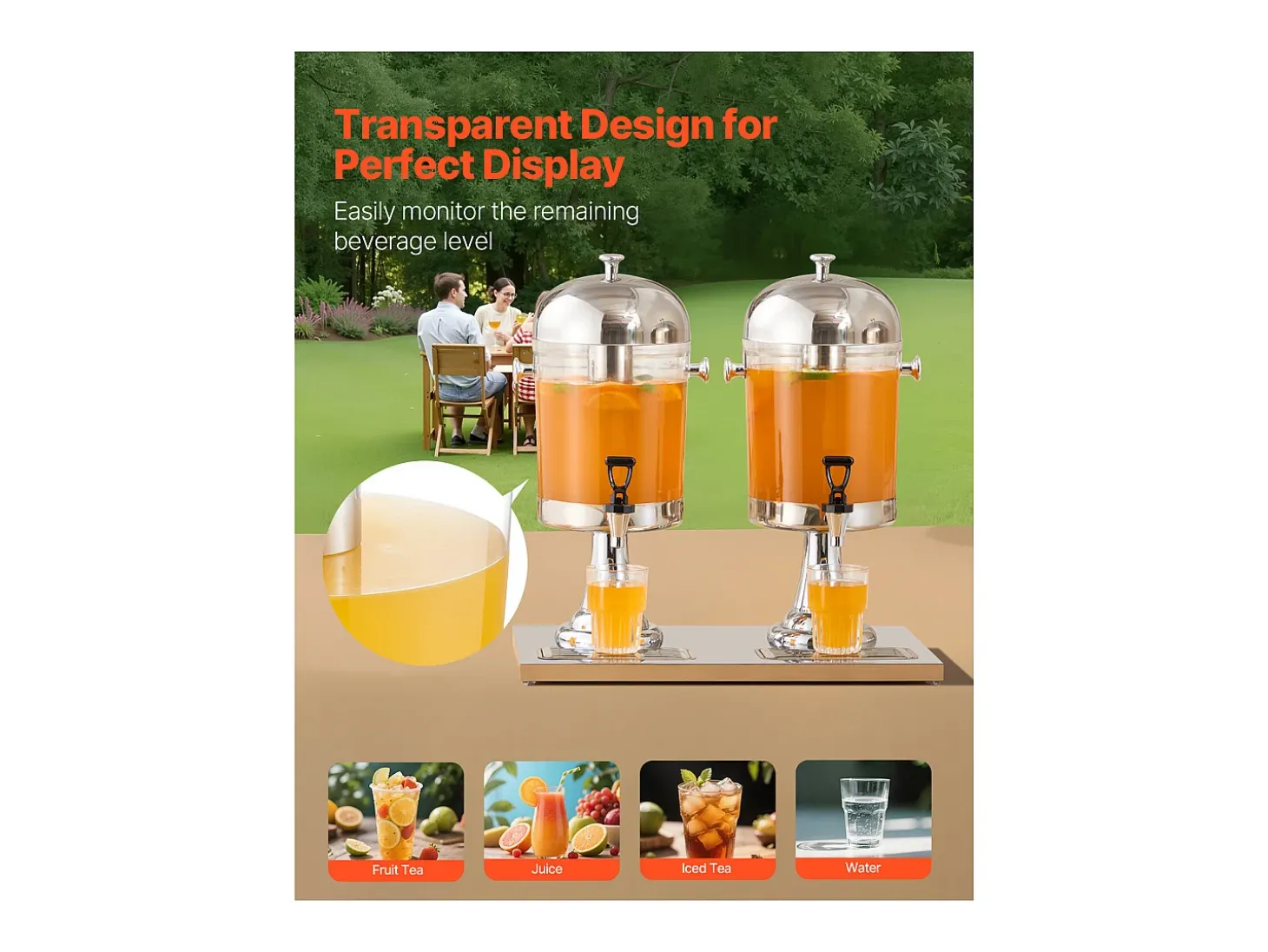 Distribuidor de Bebidas SucceBuy, Capacidade 2x 8 L, Fonte de Água em Aço Inoxidável e Plástico, Distribuição de Sumo, Limonada, Chá Gelado, Café