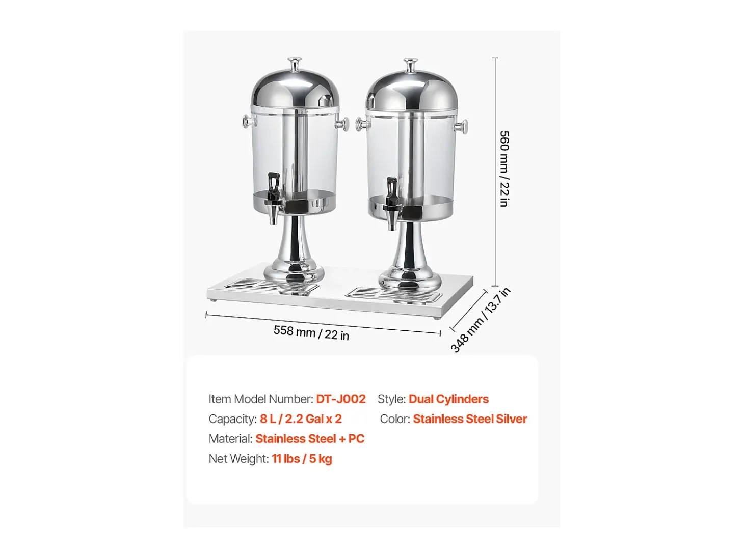 Distribuidor de Bebidas SucceBuy, Capacidade 2x 8 L, Fonte de Água em Aço Inoxidável e Plástico, Distribuição de Sumo, Limonada, Chá Gelado, Café