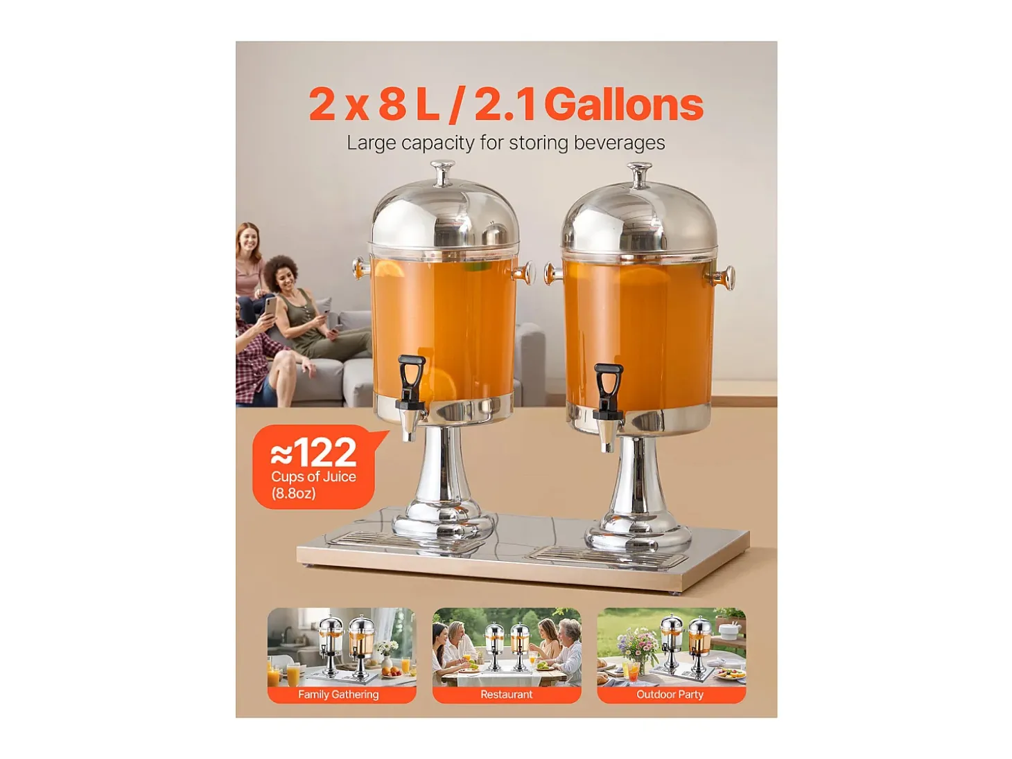 Distribuidor de Bebidas SucceBuy, Capacidade 2x 8 L, Fonte de Água em Aço Inoxidável e Plástico, Distribuição de Sumo, Limonada, Chá Gelado, Café
